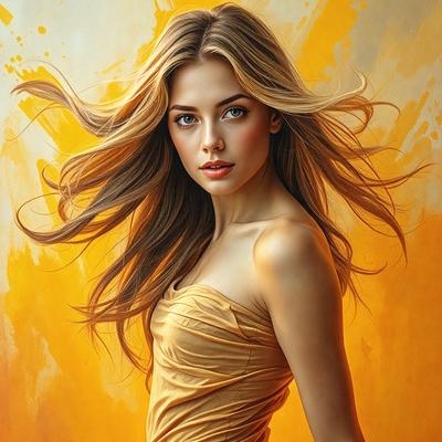 The primary subject of the image is a beautiful woman with blonde hair, wearing a yellow dress. She is posing for the camera, and her hair is blowing in the wind. The setting is a brightly colored, yellow-painted background, which adds a vibrant and lively atmosphere to the scene. The visual style of the image is a combination of photo and digital art, creating a unique and eye-catching portrait. The colors and mood of the image are warm, energetic, and inv
